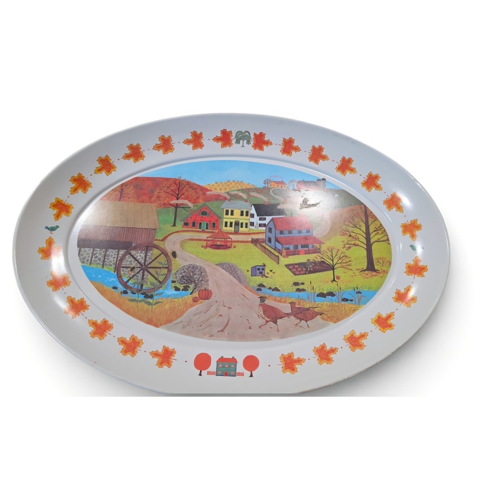 VTG Folk Art Autumn Harvest Melamine Oval Serving Platter Fall Farm cottagecore